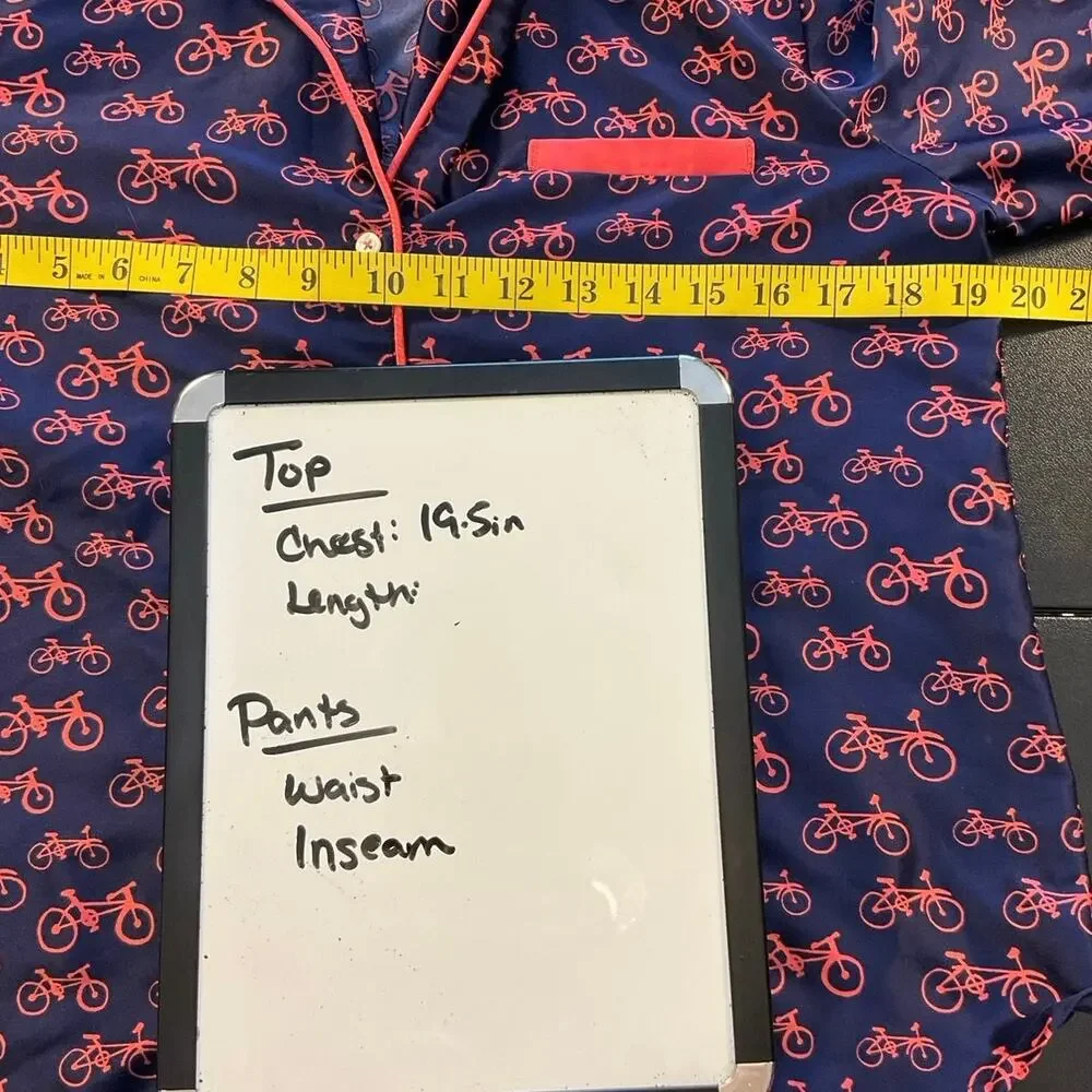 Anthropologie Bicycle Print Pajama Set Women’s Small Navy Pink Lounge Satin